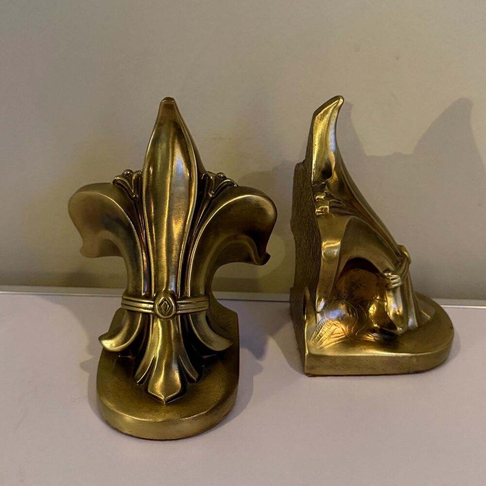 Vintage Brass Fleur De Lis Bookends Pair PMC